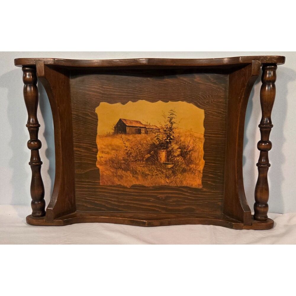 Vintage Rustic Wooden Wall Shelf Turned Spindles Farm Scene Decor